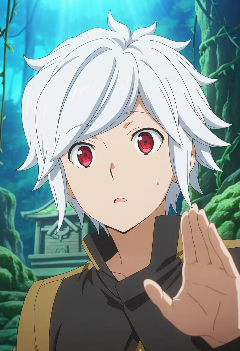 masterpiece, best quality, , anime screencap, anime coloring, official style, , 1boy, solo, male focus, <lora:bell_cranel_ilxl:0.96>, bell_cranel, white hair, red eyes, short hair, jungle shrine, moss-covered steps, glowing altars, wild vines, worship pose, reverent expression, filtered light,