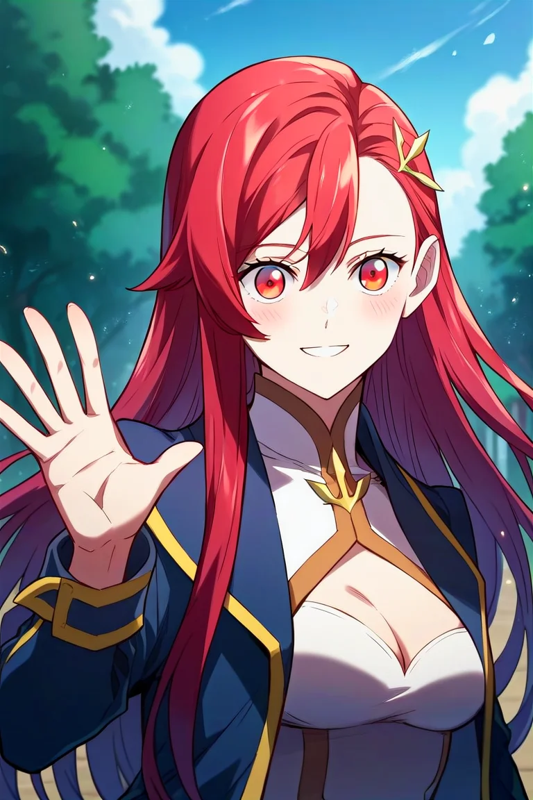 score_9, score_8_up, score_7_up, score_6_up, score_5_up, score_4_up, rating_questionable, , source_anime, digital illustration, pixiv, fanbox, uncensored, , BREAK, official art,
1girl, solo, female, camus, red hair, long hair,hair ornament,
white dress, cleavage cutout, blue coat, upper body, waving, light smile , outdoors, blush, looking at viewer, cowboy shot, <lora:Camus_Pony-09:0.9>