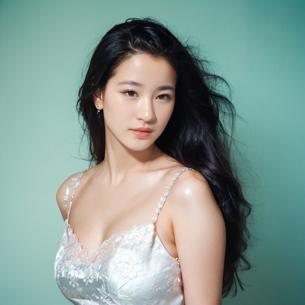 [1]a stunning real medium breasts Korean woman with long, flowing dark hair, her piercing gaze directly addressing the viewer. score_9, score_8_up, score_7_up, 4k, high quality, (best quality:1.1), realistic, photorealistic, close-up, upper body, (ultra HD quality details), High Fashion, A highly detailed, realistic digital photo of a Korean woman 28yo with a pale complexion, emphasizing her enigmatic and mystical aura,, high resolution, rich textures, and contemplative mood. Her eyes are a deep piercing and  brown, dynamic, dramatic, haute couture, elegant, ornate clothing, dark straight hair in an elegant updo with a few loose strands framing her face, wearing a high-collared garment with floral patterns in a dark, against a cyan gradient background, <lora:AikoPonyGMV1:1:lbw=OUT03,OUT04,OUT05>, Aiko, <lora:yamamura_sadako_pdxl_goofy:0.7:lbw=IN01,IN02,IN04,IN05,IN07,IN08,MID>, Realistic photograph, Movie light, film grain, <lora:add-detail-xl:0.5>, <lora:Expressive_H-000001:1.2>, <lora:IzayoiLycoXL:0.3>, embedding:pureerosface_v1, clean white dress, a stunning real medium breasts Japanese woman with long, flowing dark hair, her piercing gaze directly addressing the viewer.