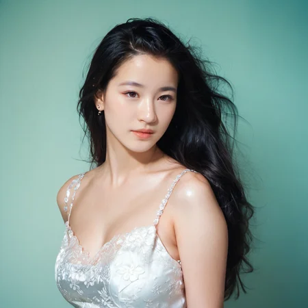 [1]a stunning real medium breasts Korean woman with long, flowing dark hair, her piercing gaze directly addressing the viewer. score_9, score_8_up, score_7_up, 4k, high quality, (best quality:1.1), realistic, photorealistic, close-up, upper body, (ultra HD quality details), High Fashion, A highly detailed, realistic digital photo of a Korean woman 28yo with a pale complexion, emphasizing her enigmatic and mystical aura,, high resolution, rich textures, and contemplative mood. Her eyes are a deep piercing and  brown, dynamic, dramatic, haute couture, elegant, ornate clothing, dark straight hair in an elegant updo with a few loose strands framing her face, wearing a high-collared garment with floral patterns in a dark, against a cyan gradient background, <lora:AikoPonyGMV1:1:lbw=OUT03,OUT04,OUT05>, Aiko, <lora:yamamura_sadako_pdxl_goofy:0.7:lbw=IN01,IN02,IN04,IN05,IN07,IN08,MID>, Realistic photograph, Movie light, film grain, <lora:add-detail-xl:0.5>, <lora:Expressive_H-000001:1.2>, <lora:IzayoiLycoXL:0.3>, embedding:pureerosface_v1, clean white dress, a stunning real medium breasts Japanese woman with long, flowing dark hair, her piercing gaze directly addressing the viewer.