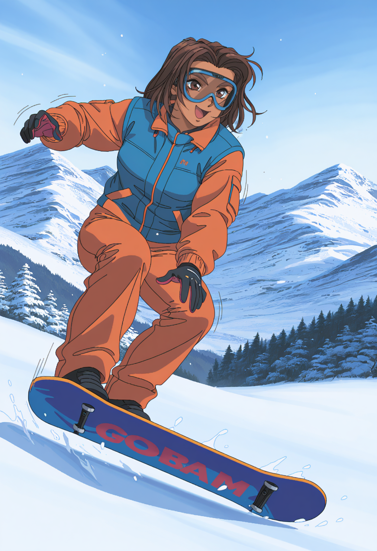 highres, best quality, masterpiece,
1girl, solo, pixel art, 1990s \(style\), brown hair, brown eyes, dark-skinned female,
<lora:_megumi_galspanic-elesico-ilxlEa_1:1>  outdoors, snow, mountain, googles, orange jacket, blue vest, orange pants, open mouth, smile, snowboard, snowboarding, motion lines, two-tone gloves, black gloves,