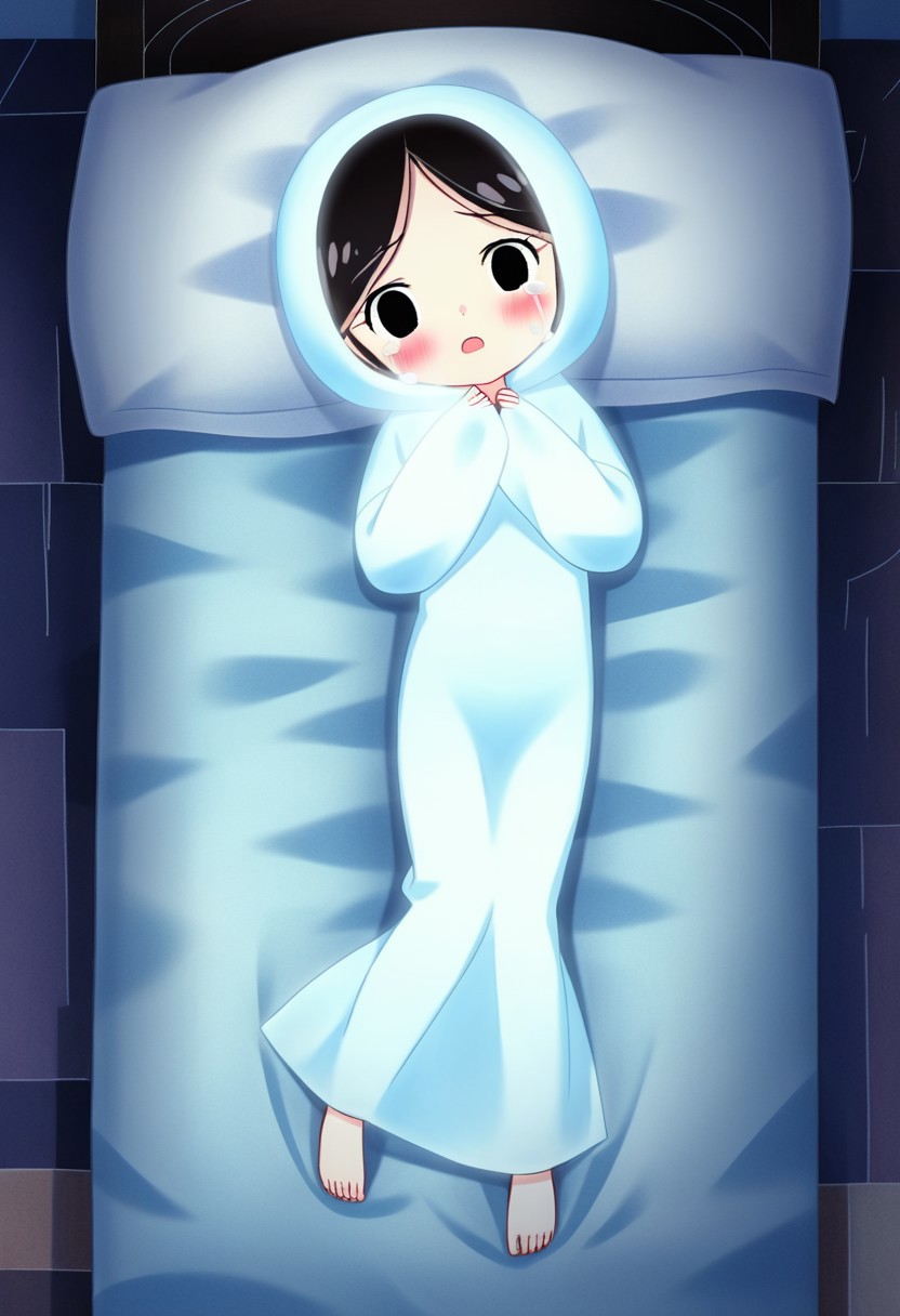 zPDXL3, source_cartoon, Perfect Hands, full body,
1girl, solo, bedroom, looking at viewer, saoirse, black hair, black eyes, blush, ghost, hood up, robe, barefoot, glowing, lying on bed, from above, lying on side, facing at viewer, feeling cold, eyes open, crying sadly, open mouth, sleeve past wrist, slim body, long body, highlight cloth wrinkle, anime style, hugging a shell,
<lora:Perfect Hands:1>  <lora:Saoirse_-_The_Song_of_the_Sea-000009:1>