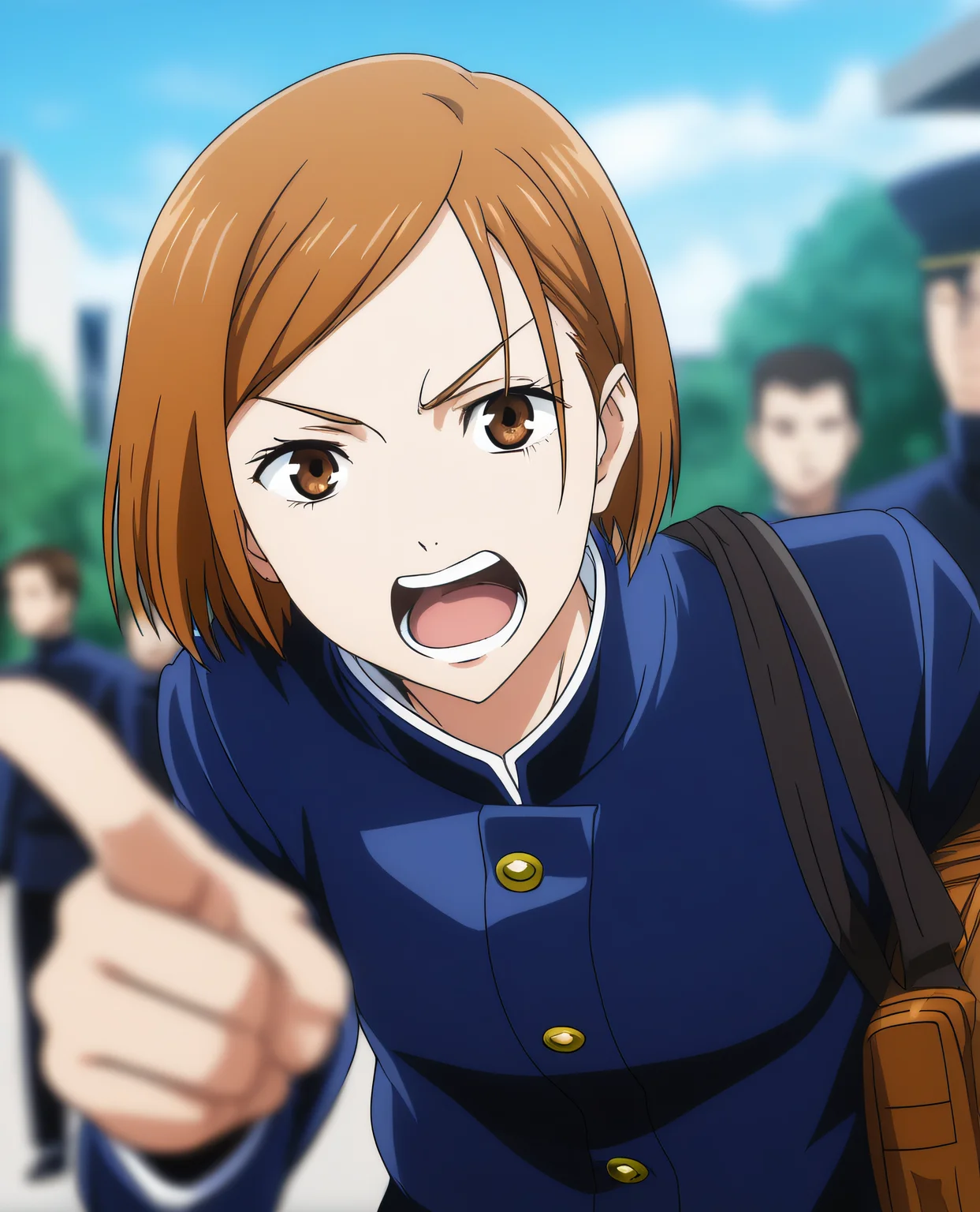 Nobara, looking at viewer,short hair,open mouth,bangs,brown hair,,brown eyes,school uniform,jacket,upper body,outdoors,teeth,solo focus,,bag,blurry,blurry background,pointing,blue jacket,gakuran,kugisaki nobara <lora:Spike:0.7>