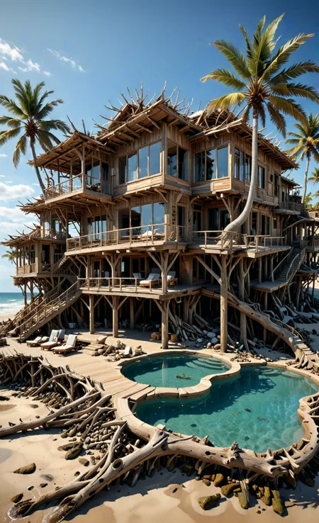 organic, tropical beach Huge Mansion, uneven, unconventional, (Swimming pool), Palm trees, modern architecture made of driftwood mansion on stilts, chaotic, organic design, bezier, <lora:Driftwood_Detailed_Art_-_By_DICE:1>, (Very Intricate), Epic, <lora:3D_Framed_Wall_Art_-_By_DICE:1>,(3D Framed, Driftwood), UHD