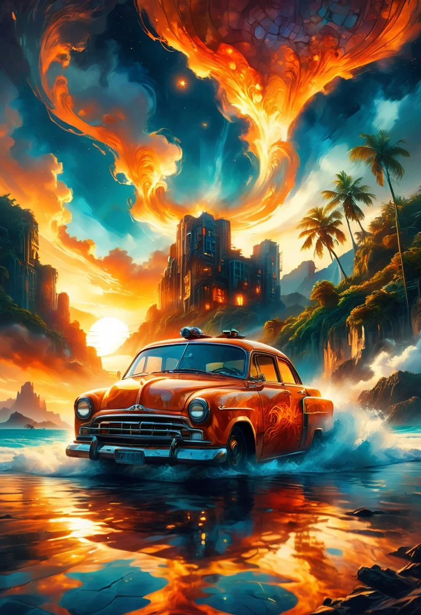 a colored painting of a pretty woman with an eye for detail,n, graphic design poster, in splash art style, amazing depth, double exposure, building, cloud, cloudy sky, dusk, evening, fire, gradient sky, lens flare, motor vehicle, mountain, no humans, ocean, orange sky, palm tree, plant, scenery, sky, sun, sunlight, sunrise, sunset, tree, twilight, water, surreal, pattern, geometric patterns, intricately detailed, perfectly balanced, deep fine edges, artistic photorealism,photorealism, vivid colors,, 8K, UHD, many details, extreme detailed, full of details, BadDream