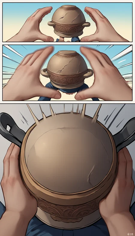 score_9, score_8_up, score_7_up, source_anime, incrssnootchallenge, comic, pov hands, motion lines, motion blur, <lora:SnootChallenge_XLPD:1>, 1boy, <lora:ChamLetMeSoloHerPonyXL:1> LetMeSoloHer, pot helmet,