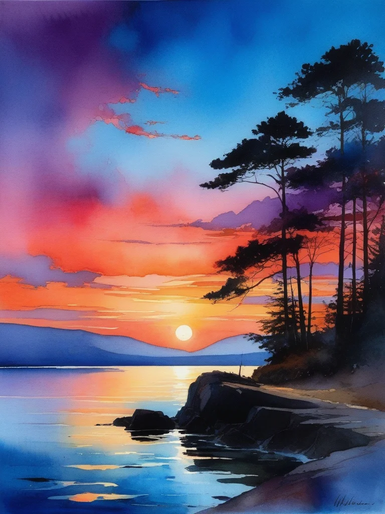 <lora:09WatercolorPainting_Hap_XL:1.6>,Winslow Homer style, watercolor painting, watercolor, oil painting,watercolor oil painting, Generate an enchanting and surreal depiction of a world locked in perpetual twilight. Picture a captivating landscape where the boundaries between day and night blur into an everlasting twilight. The sky should be a mesmerizing blend of deep blues and soft purples, with a faint, ethereal glow on the horizon. Show a mystical terrain, featuring delicate, bioluminescent flora and fauna that illuminate the landscape with gentle, otherworldly radiance. Let the scene emanate a sense of tranquility, mystery, and a touch of magic. Focus on intricate details and realism to create an image that transports viewers to this captivating twilight realm,The city is situated on the sea, surrounded by a circular shape of water, creating a picturesque setting. Its overall appearance resembles a multi-layered cake, with each tier rising above the other. At the highest point of the city, water flows downward into the sea, creating a dynamic and captivating sight. The surface of the sea is dotted with anchored ships, adding to the maritime charm of the city. (sunset, gorgeous sky:1.2), digital painting,