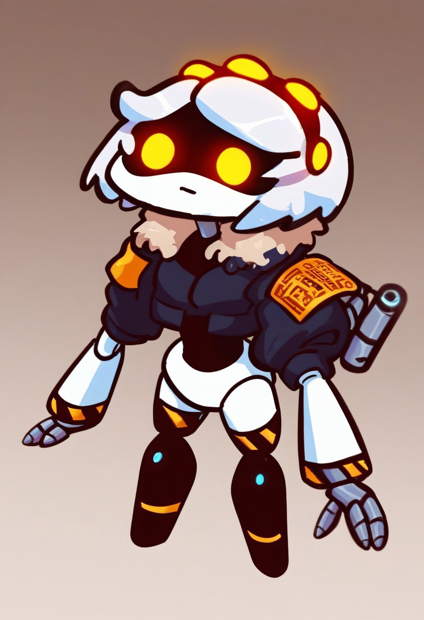 score_9,score_8_up,score_7_up,score_6_up,score_5_up, <lora:mdv:1>, (mdv dissasembly_drone), robot, (masterpiece, high quality, highly detailed, best quality), 1girl, solo, robot girl, humanoid robot, robot joints, hairband, short white hair, yellow eyes, solid circle pupils,fur-trimmed black jacket, armband, mechanical wings,
chibi