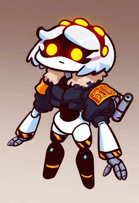 score_9,score_8_up,score_7_up,score_6_up,score_5_up, <lora:mdv:1>, (mdv dissasembly_drone), robot, (masterpiece, high quality, highly detailed, best quality), 1girl, solo, robot girl, humanoid robot, robot joints, hairband, short white hair, yellow eyes, solid circle pupils,fur-trimmed black jacket, armband, mechanical wings,
chibi