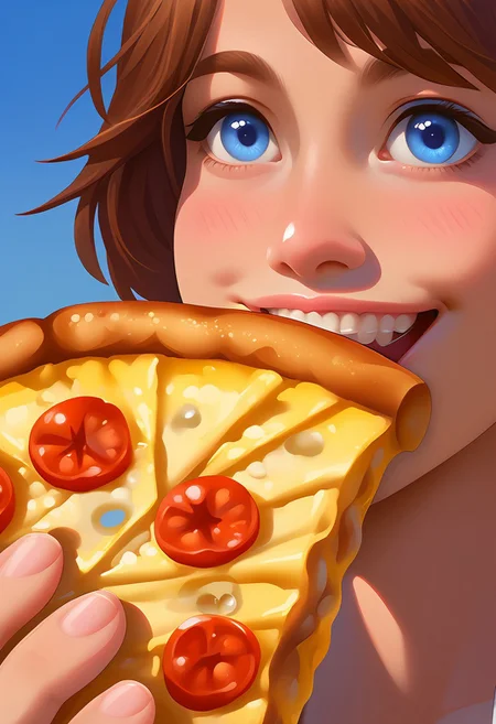 score_9, score_8_up, score_7_up, masterpiece, best quality, detailed eyes, detailed face, perfect eyes, high detailed, absurdres, highres, casual game art, mobile game art, merge 3 game art, character design, mgas, BREAK 1girl, kid, solo, detailed face, detailed eyes, pretty, smile, teeth, brown hair, big blue eyes, bangs on the side, ear, tongue, blush, slice of pizza with cheese, stretching cheese, stringy cheese, eating slice of pizza, a slice of pizza in her mouth, looking to the right, close photo, close-up shot, close up shot