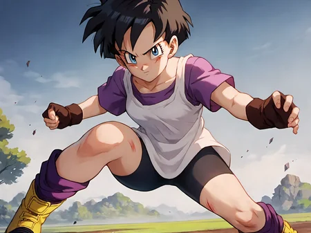 Videl, 1girl, blue eyes, shadows, blue eyes, short hair, spiked hair, white shirt, purple shirt, <lora:VidelSDXLMulti-Test-16-16-C-Test-2:0.85>, masterpiece, best quality, absurdres, perfect lighting, score_9, score_8_up, score_7_up source_anime, fighting pose, fingerless gloves, bike shorts, open field, trees, rocks, looking at viewer, scratches