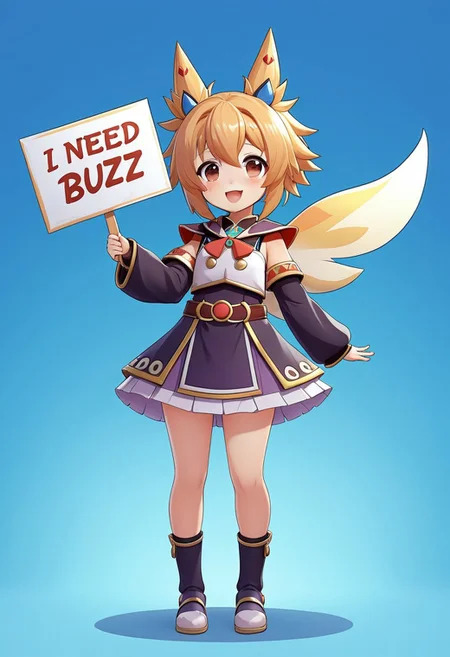 Klee_(Genshin_Impact) holding a sign that says "I need Buzz", cute pose, happy expression, full body, detailed anime style, soft lighting, vibrant colors, clean background, poster clearly visible, high detail, dynamic composition, fantasy outfit