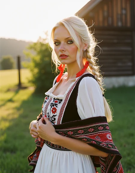 analog photography, shot by Kodak Duaflex II, ultra detailed, ultra quality, cinematic, a mesmerizing woman with platinum blond hair woven into an elegant braid, adorned with bright red ribbons, standing in a lush meadow. She wears a traditional Romanian blouse (ie) with intricate black and red embroidery, symbolizing fertility and protection. Her flowing white skirt features delicate floral lace along the hem, and a wide, beaded belt accentuates her waist. Over her shoulders, she drapes a vibrantly woven wool shawl with geometric patterns. Her gaze is soft and mysterious, her Slavic cheekbones illuminated by the golden sunset as she stands near a quaint wooden village. <lora:Janacovaxhres-grm80vx:1> jancov