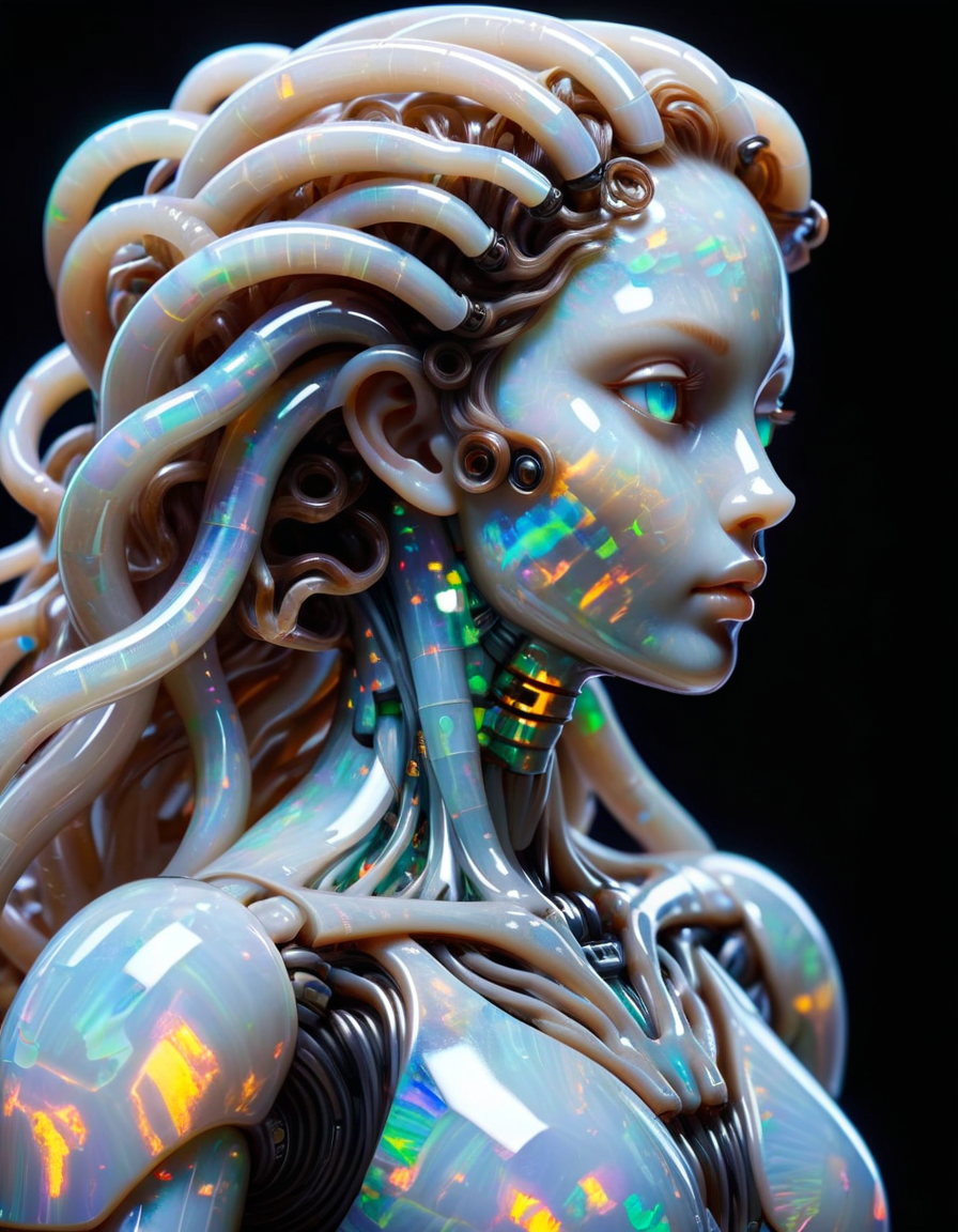 masterpiece,best quality,bio-robot,glassy texture,mechanical core,conduit,tubes all over her,medusa's, made out of ral-opal <lora:ral-opal-sdxl:1>
