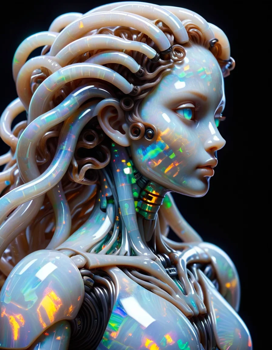 masterpiece,best quality,bio-robot,glassy texture,mechanical core,conduit,tubes all over her,medusa's, made out of ral-opal <lora:ral-opal-sdxl:1>