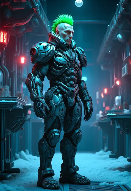 frostpunk style of a rugged youngMoxie male, old with green mohawk hair, bionic eyes, wearing a steel gray heated exosuit, snow-traction boots, bionic eye, set in a cryo-laboratory where alarms blare, indicating a catastrophic system failure, at night. perfection style