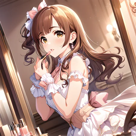 (masterpiece),(best quality),(ultra-detailed),(best illustration),(best shadow),(absurdres),(detailed background),(very aesthetic)kyoko igarashi, dressoutfit, 1girl, solo, brown hair, long hair, wrist cuffs, cosmetics, dress, mirror, looking at viewer, lipstick tube, pink lips, parted lips <lora:Kyoko_Igarashi__äºååµé¿å­_-_The_Idolmster_Cinderella_Girls__ã¢ã¤ãã«ãã¹ã¿ã¼ã·ã³ãã¬ã©ã¬ã¼ã«ãº_SDXL_Animagine_XL_3.1:1>