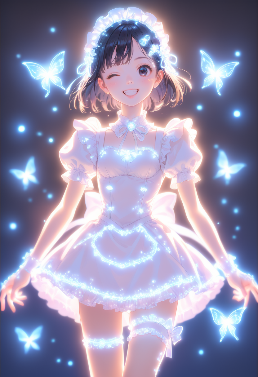 score_9, score_8_up, score_7_up , masterpiece,best quality,amazing quality, very aesthetic, ((outlined outlined vector graphics)), cute face, (glow eyes:0.5) ,   front view ,  looking up ,  looking at viewer ,
1girl,
20yo, black hair, black eyes, short bob hair, hair pin,small breast, slender,(white thigh strap:1.1)
,
white  clothes, (focus female), smile, action pose, (clothed:1.1), maid, sparkling maid uniforms, glowing, glittring,
 happy,  
wink , (kawaii)  ,  <lora:spakling-maid-pony-01:1.1>
