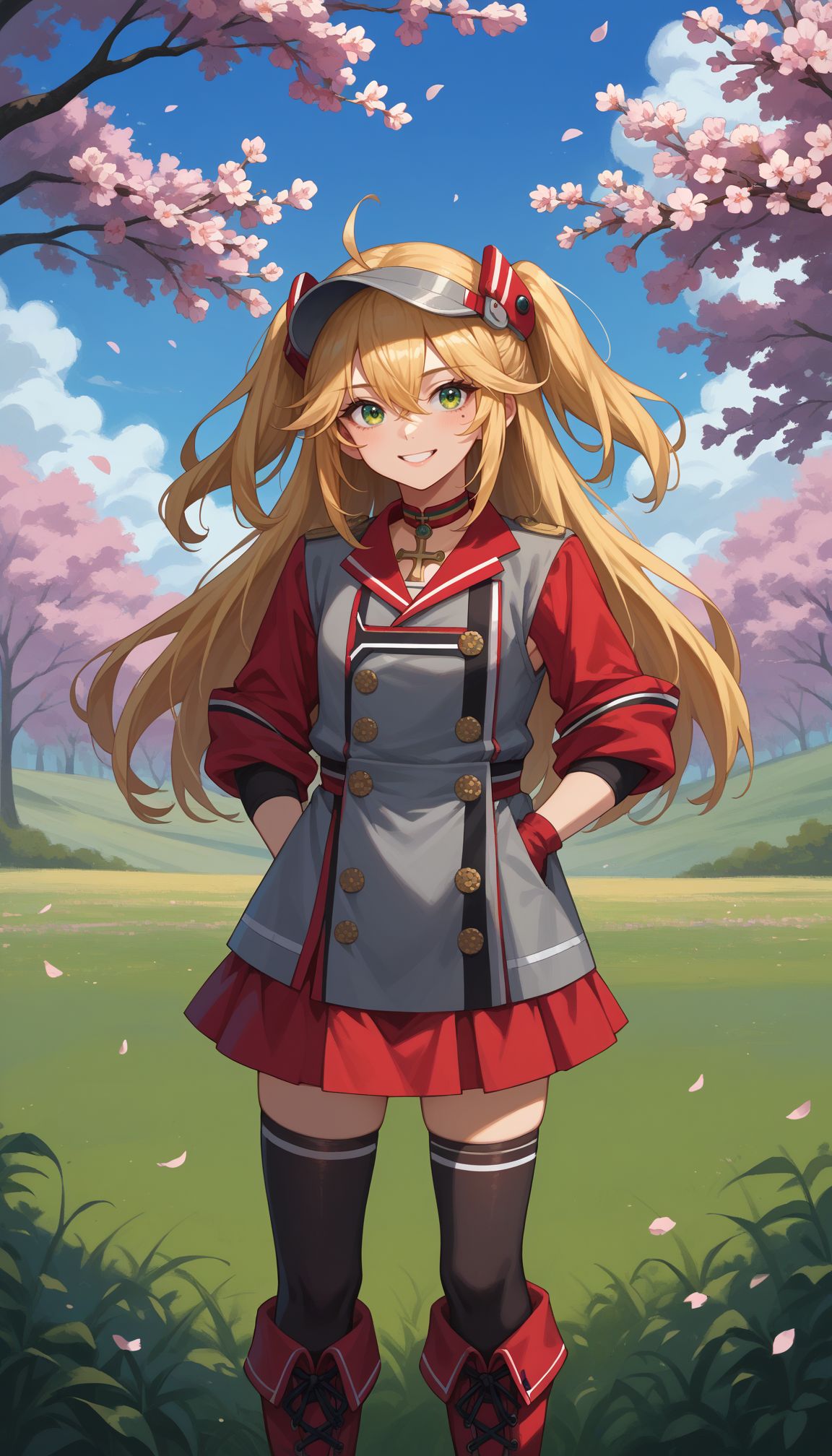 score_9, score_8_up, score_7_up, source_anime,
outdoors,cherry blossoms,standing,cowboy shot,smile,, flower field,
 <lora:Admiral Hipper:0.8> azhipper, blonde hair, two side up, hair between eyes, ahoge, bangs, green eyes, long hair, mole under eye, visor cap, grey uniform dress, double-breasted, red sleeves, sleeves rolled up, black sleeves under outer sleeves, armpit cutout, buttons, cross chocker, gloves, two-tone gloves, red skirt, black thighhighs, grey and red boots, two-tone boots, cross shape on footwear,