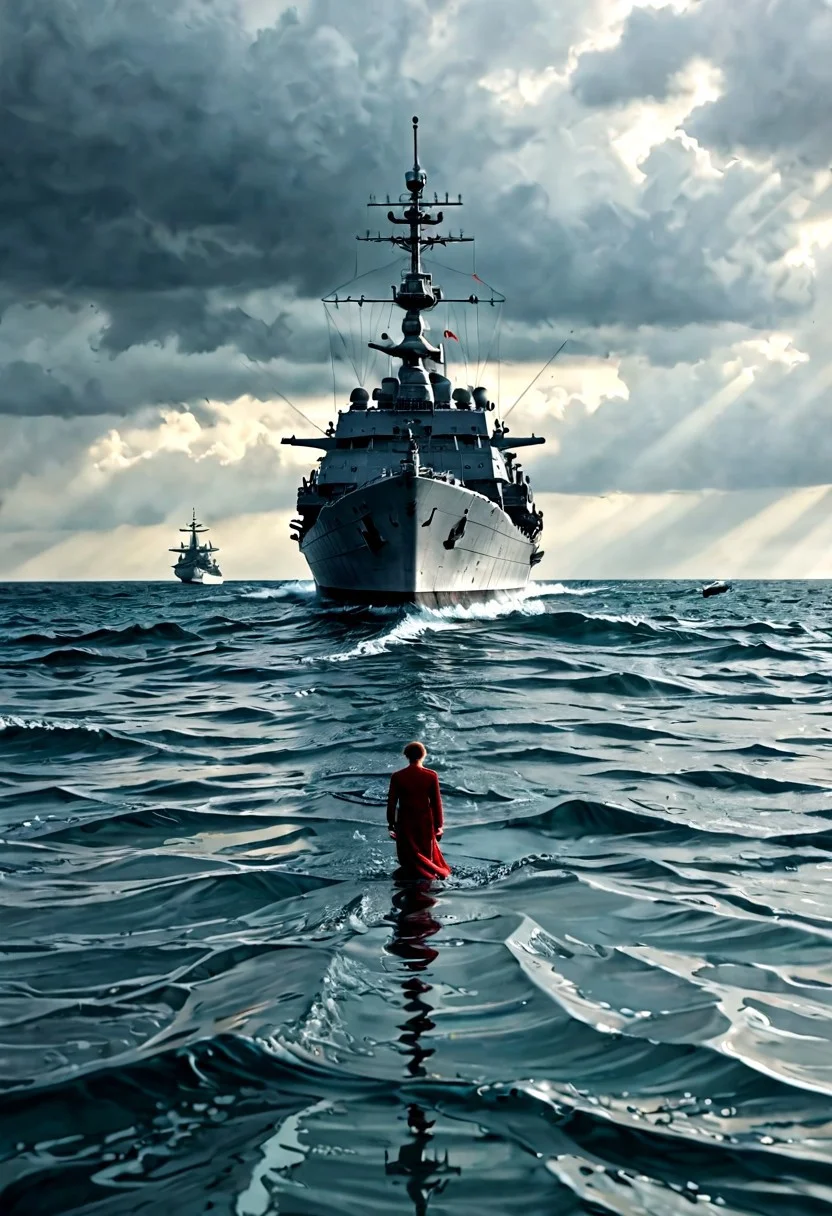 a fleet of super dreadnought battleships at anchor on a deserted fjord, vertically mirrored imagery,Reflections, perfect symmetry in the style of kaitlynn peavler and dreamscape, high quality, highly detailed, high coherence, intricate, elegant, sharp focus, octane render, trending on artstation, calm water, the calm before the storm,  storm in background