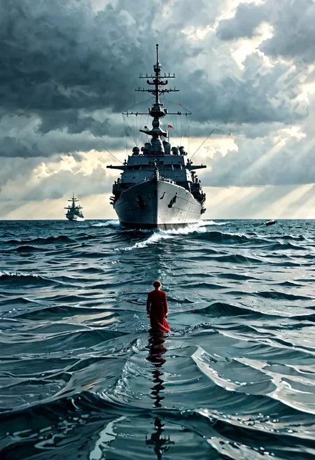 a fleet of super dreadnought battleships at anchor on a deserted fjord, vertically mirrored imagery,Reflections, perfect symmetry in the style of kaitlynn peavler and dreamscape, high quality, highly detailed, high coherence, intricate, elegant, sharp focus, octane render, trending on artstation, calm water, the calm before the storm, storm in background