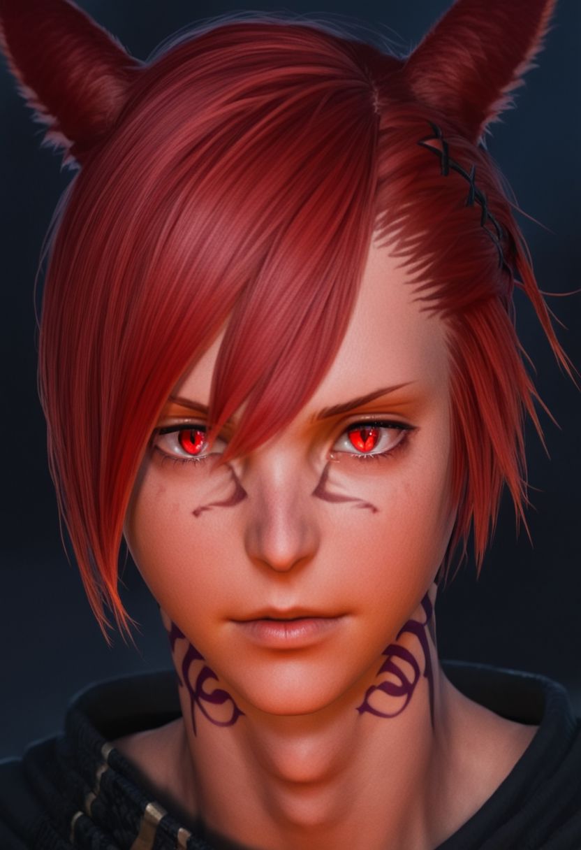 grahatiaffxivdsk, 1boy, male focus, solo, animal ears, red eyes, red hair, tattoo, miqo'te, neck tattoo, cat ears, looking at viewer, hair between eyes, facial mark, hair ornament, x hair ornament, bangs, holding, glowing, slit pupils, braid, short hair, portrait, jewelry, short ponytail, cinematic angle, cinematic lighting, best anatomy, official art, masterpiece, best quality