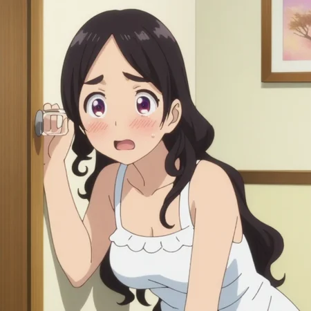 anime, best quality, (masterpiece:1.4), (high quality:1.4), sharp focus, 4k, absurd resolution, detailed hands, curly hair, long hair, black hair, 1girl, mature female, (parted hair:1.4), (round face), (no bangs:1.6), <lora:ETO_OC_XL:0.7>, hazel eyes, (thick eyebrows:0.9), sundress, skindentation, anime screencap,
 <lora:_sdxl-nusumigikli:0.5> nusumigiki, Stick to the wall, eavesdrop, Listen to the wall, Putting a glass to one's ear and listen to the wall, embarrassed, blush, squatting, glass, surprised, open mouth, excited,
