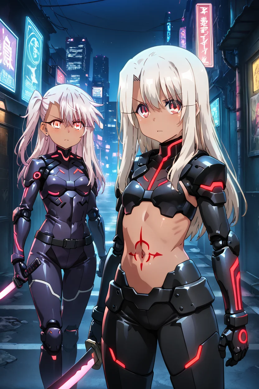 masterpiece, best quality, large breasts, (curvy), ,,, (2girls:1), (chloe von einzbern, yellow eyes, pink hair, long hair, one side up, dark skin, illyasviel von einzbern, red eyes, white hair, long hair, red eyes),neon samurai, glowing tattoos, katana with neon blade, armor reflecting cyberpunk environment, futuristic city lights, battle-ready stance, dark alley, urban neon glow<lora:PrismaIllyaIXL_v2:1.0>,