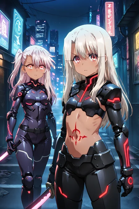 masterpiece, best quality, large breasts, (curvy), ,,, (2girls:1), (chloe von einzbern, yellow eyes, pink hair, long hair, one side up, dark skin, illyasviel von einzbern, red eyes, white hair, long hair, red eyes),neon samurai, glowing tattoos, katana with neon blade, armor reflecting cyberpunk environment, futuristic city lights, battle-ready stance, dark alley, urban neon glow<lora:PrismaIllyaIXL_v2:1.0>,