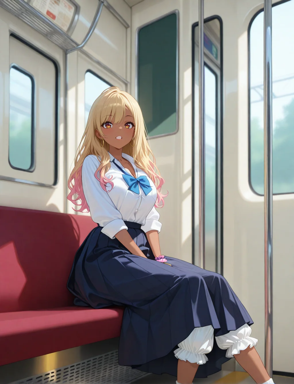 masterpiece,best quality,higres illustration,detailed face,1girl,<lora:long_bloomers_IL:1>,long bloomers,long skirt,school uniform,gyaru,dark skin,long hair,hallway,sitting,on train,