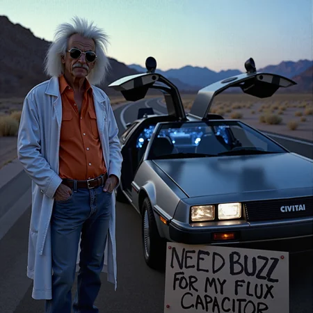 From the movie Back to the Future, a detailed scene of the iconic DeLorean time machine parked on the side of a deserted highway at twilight. The car's gull-wing doors are slightly ajar, revealing its futuristic interior, with glowing blue lights and intricate time-travel equipment. In the foreground, Doc Brown, wearing his characteristic white lab coat, futuristic silver shades, and bright orange shirt, stands by the road. His wild, white hair is untamed, adding to his eccentric appearance. He holds a large, hastily made sign that reads 'NEED BUZZ FOR MY FLUX CAPACITOR' in bold, uneven letters. The DeLorean’s license plate reads 'CIVITAI,' and the background features a scenic, winding road with distant mountains. The overall mood of the scene is a blend of urgency and humor, capturing the essence of the film's adventurous spirit.