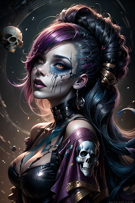 photorealistic painting,surrealist,a woman with colorful hair and a skull make up, Artstation contest winner, fantasy art, style ivan talavera and artgerm, official fanart behance hd, la catrina, beautiful avatar pictures, <lora:more_details:1> <lora:bg_imgs:1>