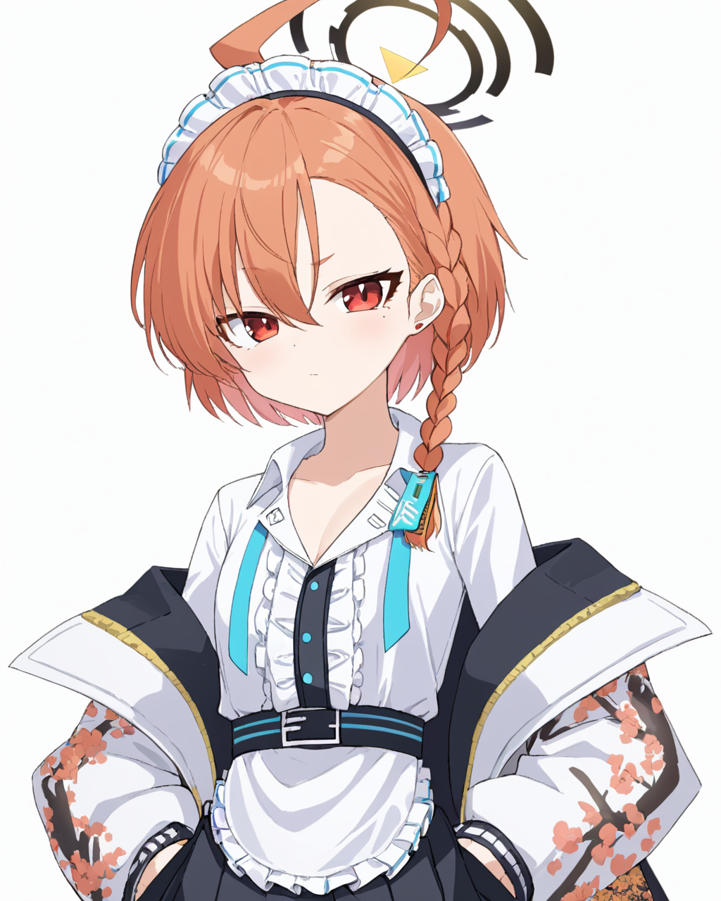 neru \(blue archive\),1girl, solo, mole_under_eye, halo, maid_headdress, looking_at_viewer, black_skirt, ahoge, white_shirt, character_name, open_jacket, white_background, ear_piercing, long_sleeves, simple_background, pleated_skirt, frilled_apron, single_braid, closed_mouth, breasts, side_braid, cowboy_shot, white_apron, off_shoulder
<lora:neru_(blue_archive)_image1870_2023-11-28:1>halo. gorgeous,key visual, vibrant, studio anime,award-winning, professional, highly detailed,high budget, cinemascope