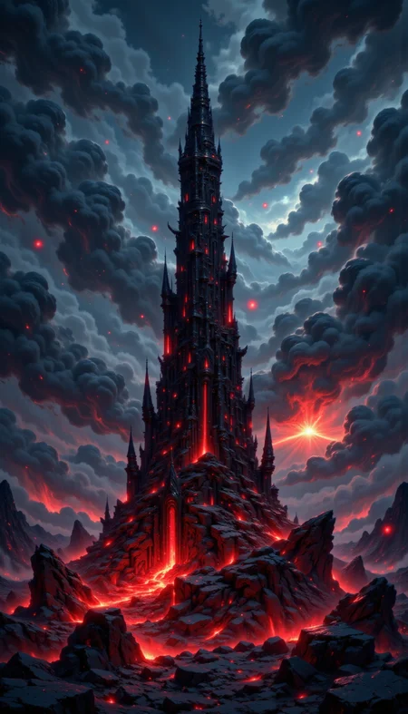 pinkmidnightfantasy,
A sleek, jagged tower made entirely of black obsidian, rising from a sea of molten lava. Floating fire orbs orbit the spire, illuminating its edges with fiery red light.