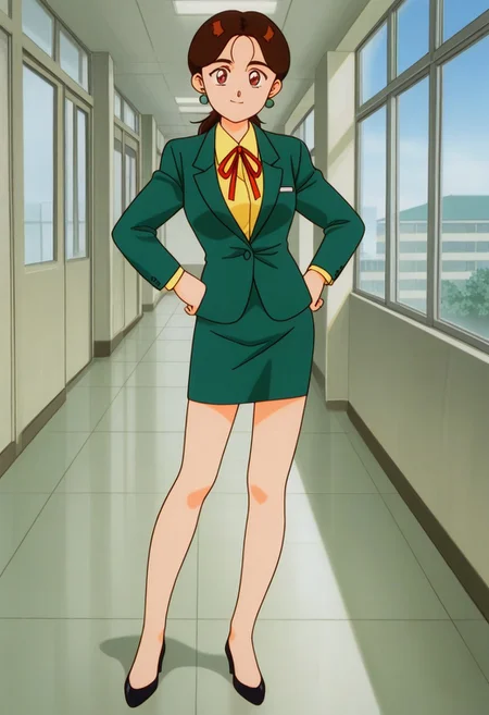 masterpiece, best quality, source_anime,official art,perfect_anatomy,1990s_\(style\),retro_artstyle,1girl,solo,Ruruko Himeki,earrings,neck_ribbon,yellow_shirt, collared_shirt, formal, business_suit, green_jacket, green_long_skirt, highheels, looking_at_viewer,smile,full_body,hands_on_hip,day,school,indoors