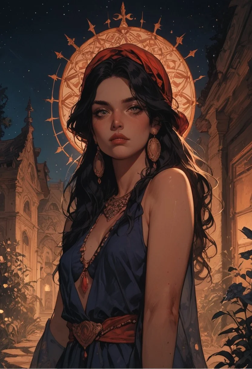 score_9, score_8_up, score_7_up, half Body of a gypsy spanish woman in flamenco clothes, charismatic, curvy, aesthetic , Mysterious, dark, moody, dark fantasy style, outdoor, night, perfect composition