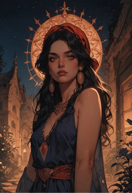 score_9, score_8_up, score_7_up, half Body of a gypsy spanish woman in flamenco clothes,  charismatic, curvy, aesthetic , Mysterious, dark, moody, dark fantasy style, outdoor, night, perfect composition