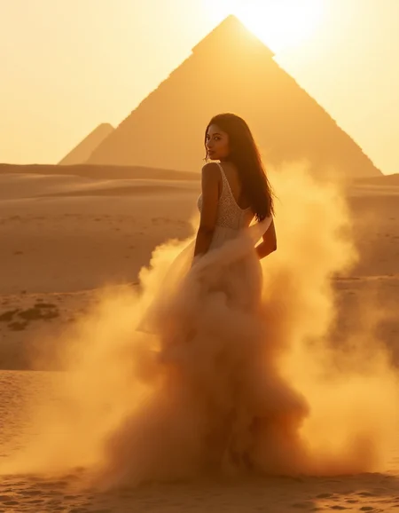 A photograph of an elegant 29-year-old Egyptian woman posing in front of the iconic Pyramids of Giza with the golden light of sunset casting a warm glow, but her body is slowly dissolving into a swarm of shimmering desert sand., <lora:amateurphoto-v5-14-15-1-1:0.4> <lora:Another_Amateur_Lora:0.4> <lora:Phlux:0.4> <lora:UltraRealistic_Lora_Project:0.4>