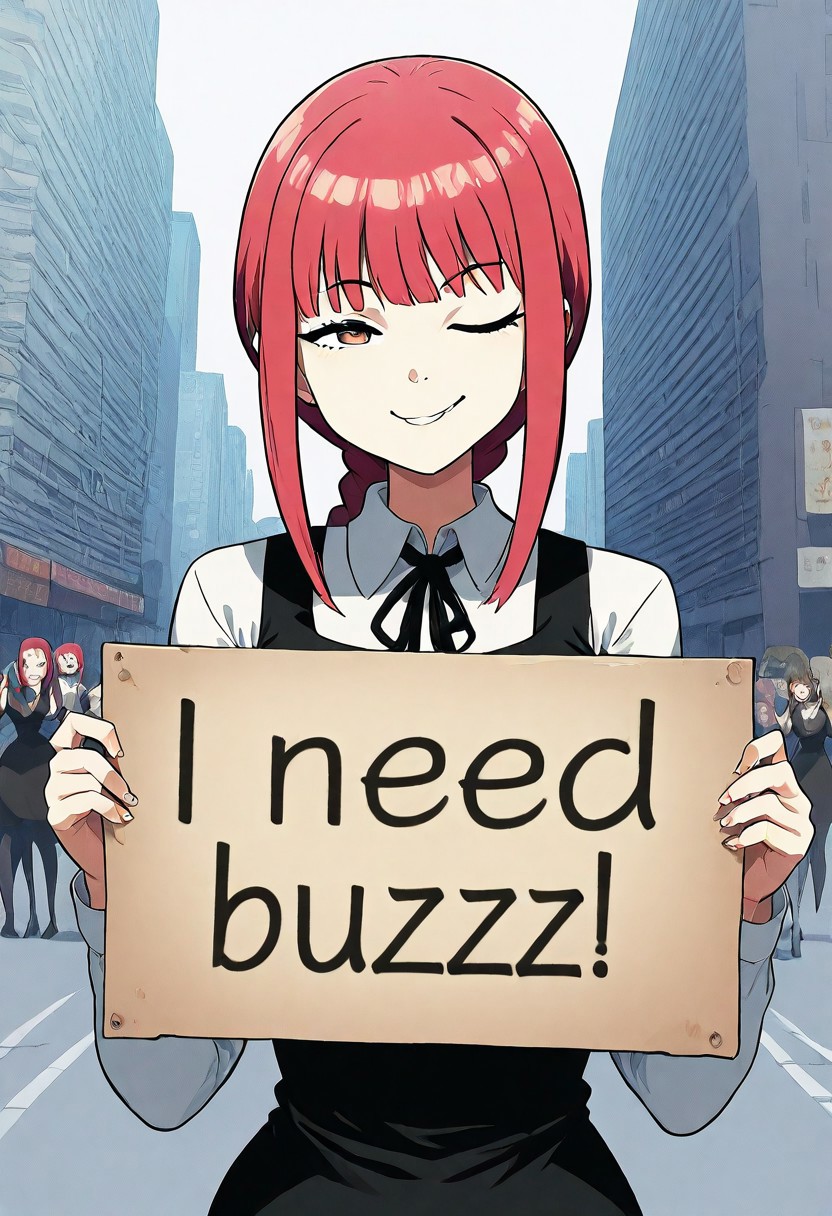 High quality, masterpiece, need_buzz, holding sign, 1girl, Makima, smug, nigh city, black dress, winking