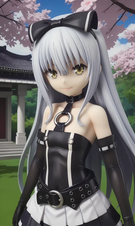 score_9, score_8_up, score_7_up, source_anime, highly detailed figure,looking at viewer, shiny skin, upper body, light smile, petite,ohwx, grey_hair, long_hair, yellow_eyes, collarbone, very_long_hair, grey_eyes, hair_between_eyes, white_hair, short_hair, flat_chest, breasts,bare_shoulders, choker, bow, hair_bow, collar, ribbon, dress, skirt, black_bow, belt, black_dress, hair_ribbon, pantyhose, cosplay, gloves, elbow_gloves, black_pantyhose, hairband, thighhighs, shoes, necktie, pleated_skirt, o-ring, gothic_lolita, Secluded Japanese temple in spring, surrounded by cherry blossoms, quiet and peaceful atmosphere,<lora:sora_pony_sobsynapse-000003:0.9>