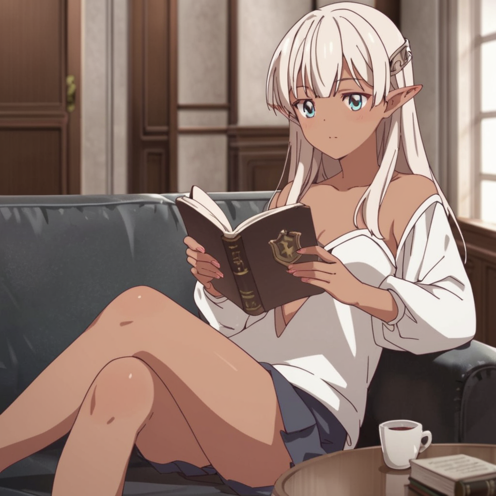 score_9, score_8_up, score_7_up, score_6_up, score_5_up, score_4_up, source_anime, , Dianette, dark elf, lay, couch, living room, recline, reading book, magical circle
