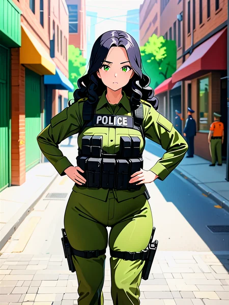 anime, illustration, best quality, (masterpiece:1.4), (high quality:1.4), sharp focus, 4k, absurd resolution, detailed hands, curly hair, long hair, (black hair:1.6), 1girl, mature female, (parted hair:1.7), (round face), (no_bangs:1.3), (no_fringe:1.6), <lora:ETO_OC_XL:0.7>, (thick eyebrows:0.9), (plump:0.8), round-chin, (greenish brown eyes), (brownish green eyes), caucasian, down-turned eyes, 1girl, (forehead:0.65), <lora:swat gear_xl:0.5> swat gear, weapon, (Standing with legs wide apart, hands on hips,), gun, uniform, police, rifle, street, officers, soldier, military, officer,
