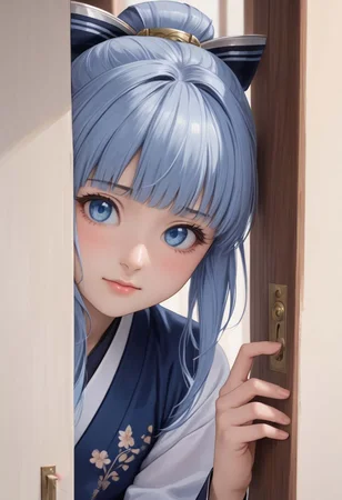 masterpiece, best quality, highres, 1woman, ayaka_a, blue eyes, blue silver hair, bangs, long hair, ponytail, hair ornament, Ayaka Kamisato's costume, peeking out upper body, door, opening door, doorway
