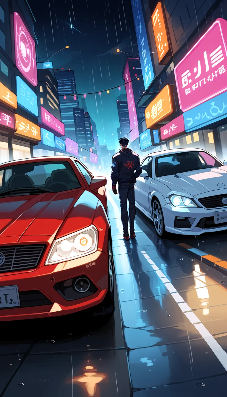 score_9, score_8_up, score_7_up, Anime Style, In a futuristic neon-lit city, a sleek sports car rests on a wet street, its lights reflecting off the glistening pavement. Above, an enormous, angular spaceship hovers ominously between towering skyscrapers, its glowing accents adding to the electric ambiance. The streets are alive with silhouettes of people gazing in awe, their faces illuminated by vibrant holographic signs and rain-soaked lights. The air feels charged with mystery and potential, as if something extraordinary is about to unfold. depth of field, dynamic angle, sharp, hyperdetailed:1.15