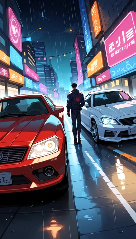 score_9, score_8_up, score_7_up, Anime Style, In a futuristic neon-lit city, a sleek sports car rests on a wet street, its lights reflecting off the glistening pavement. Above, an enormous, angular spaceship hovers ominously between towering skyscrapers, its glowing accents adding to the electric ambiance. The streets are alive with silhouettes of people gazing in awe, their faces illuminated by vibrant holographic signs and rain-soaked lights. The air feels charged with mystery and potential, as if something extraordinary is about to unfold. depth of field, dynamic angle, sharp, hyperdetailed:1.15