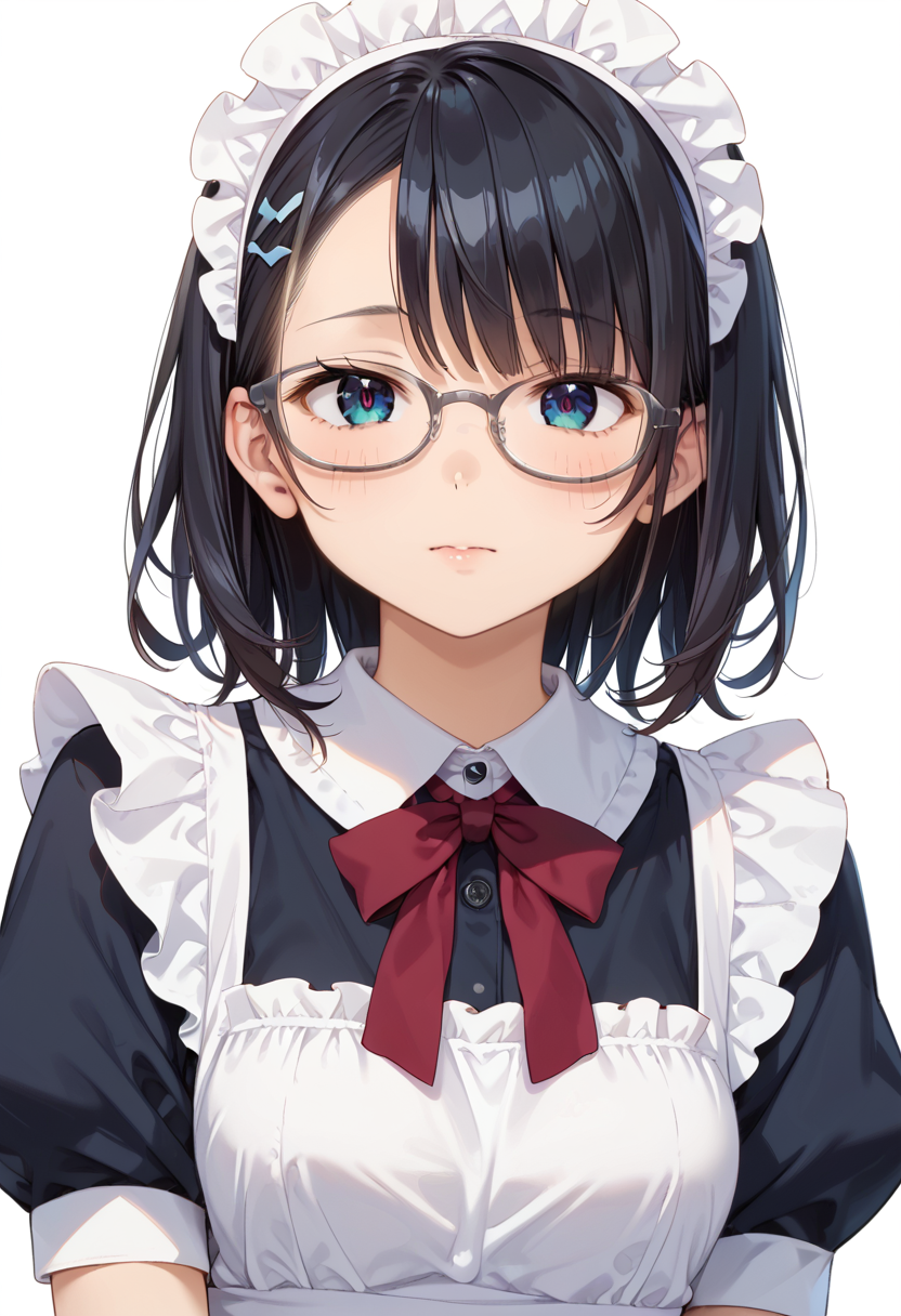 score_9, score_8_up, score_7_up, rating_safe, masterpiece, best quality, absurdres, unity 8k wallpaper, official art, official style, source_anime, uncensored, game cg, megami magazine,
1girl, solo, black hair, medium hair, upper body, covered eyes,maid, maid headdress, black dress, maid apron, face focus,
oval_cell, glasses, still life, white background, simple background, grey-framed eyewear,
 <lora:glasses_OvalCell1_PONY_V1:1>