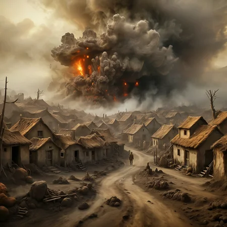 A bizarre and surreal village born out of the imagination of a madman, engulfed by volcanic ash.

Rustic. Fantasy style. Fantasy dreamlike art.

<lora:RMSDXL_Enhance:1>
<lora:EngulfedBy-Klilnter_01:1>