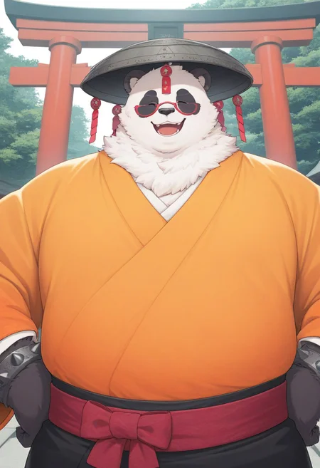 masterpiece, detailed background, best quality, absurd res, high detail, aesthetic, detailed eyes
BREAK
Anthro,panda male,PanYiHun,fat male, huge body, fluffy, neck tuft, fluff, tall male, male focus, close-up, broad shoulders, orange japanese clothing, metal spike bracelets, red mini glasses, metal japanese hat, long sleeves, (red sash), open mouth, smile, hands on hips,
BREAK
Outdoors, japanese garden, Torii gates, sakura trees, detailed background, straight-on,