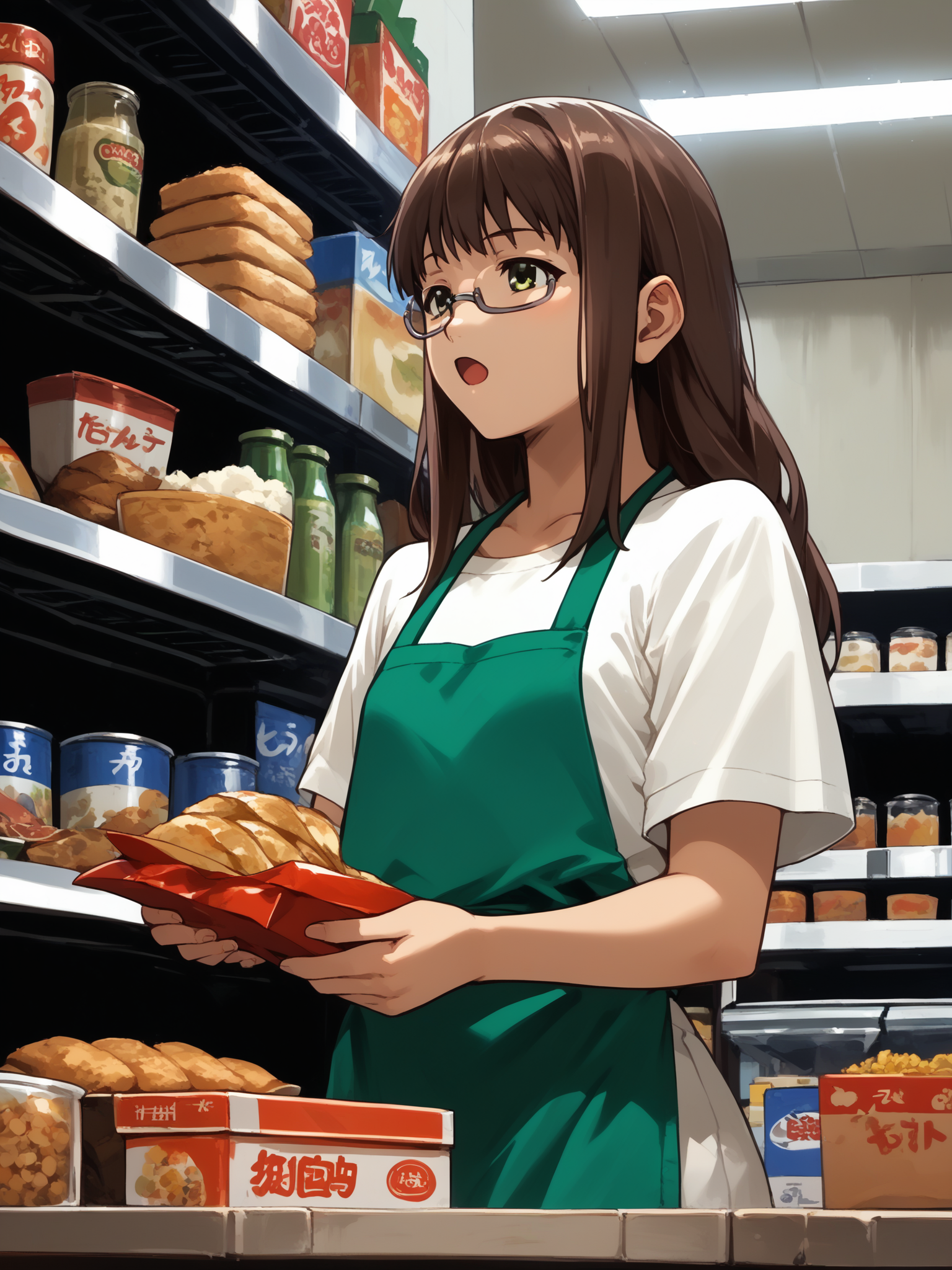 (upper body, solo focus:1.2) <lora:happy_tentacle-hikaru-v0.2-000030:1>, ht_hikaru, glasses, under-rim eyewear, (petite:1.2), <lora:Shed_The_Skin's StS_age_slider_v1_initial_release:-1.5> ( :1.1) ( , , ( :1.2) , , looking up :1.1) , indoors, ((night, night sky :0.6), (cloudy sky:0.6) :0.8), ( :0.9), (furniture:0.9), abandoned , , , , (east asian architecture :0.9), grocery store, aisle, shelf, cereal box , store clerk, green apron (( from below :1.1) :0.8) score_9, score_8_up, score_7_up, score_6_up, score_5_up, score_4_up, ( [(realistic, photorealistic:1.3):(realistic:1.2):12] [(3d:1.2)::10] :1) <lora:LUUNA's Lunas-NijiJourney-SDXL-B2:0.35>, nijijourney <lora:prgfrg23's Counterfeit-V3.0 Style SDXL_LoRA_Pony Diffusion V6 XL:0.5> <lora:mfcg's mfcgXL:0.12> <lora:reweik's gyokai(himehajime)_PonyXL_style_v01:0.14>