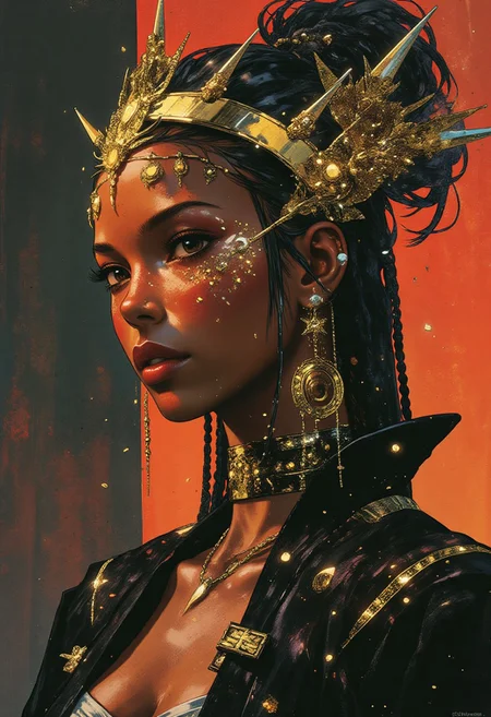 A hyper-realistic, highly stylized portrait of a bronze-skinned woman, her gaze piercing and intense as she looks directly at the viewer, exuding quiet dominance. Her long, raven-black hair is intricately braided, each strand woven with tiny golden beads that glisten under soft, diffused light. She wears a regal, asymmetrical headdress crafted from pure gold, its delicate filigree patterns forming an elaborate lattice of swirling designs. A golden face veil, made of thin chains and tiny sun-shaped pendants, drapes across her nose and lips, giving her an air of mystique. Her shoulders are wrapped in an opulent black velvet cloak, its deep folds catching the light, emphasizing the rich texture. Behind her, a royal crimson background fades into black, enhancing the warm golden glow emanating from her jewelry, creating a majestic and ethereal composition.